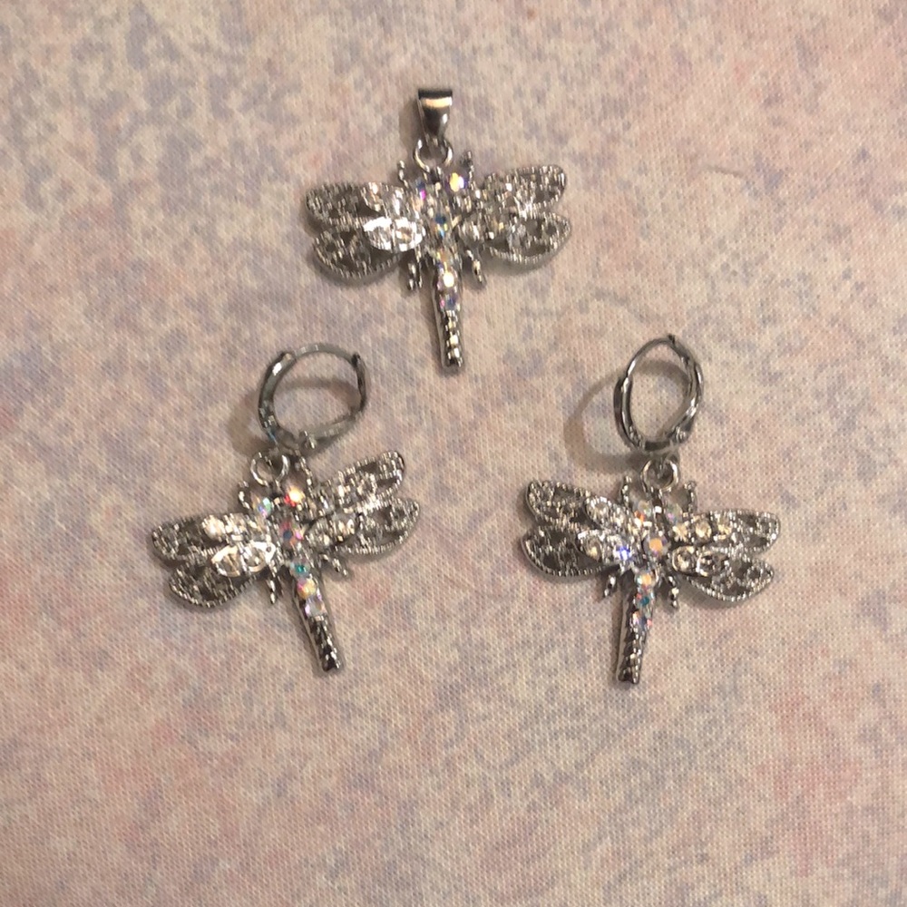 Silver dragonfly pendant and earring set